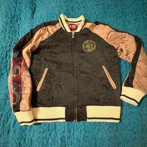 J & Co Silk Shell Black Pink w/Embroidered Front Back Sleeve Jacket Teen's Sz.L